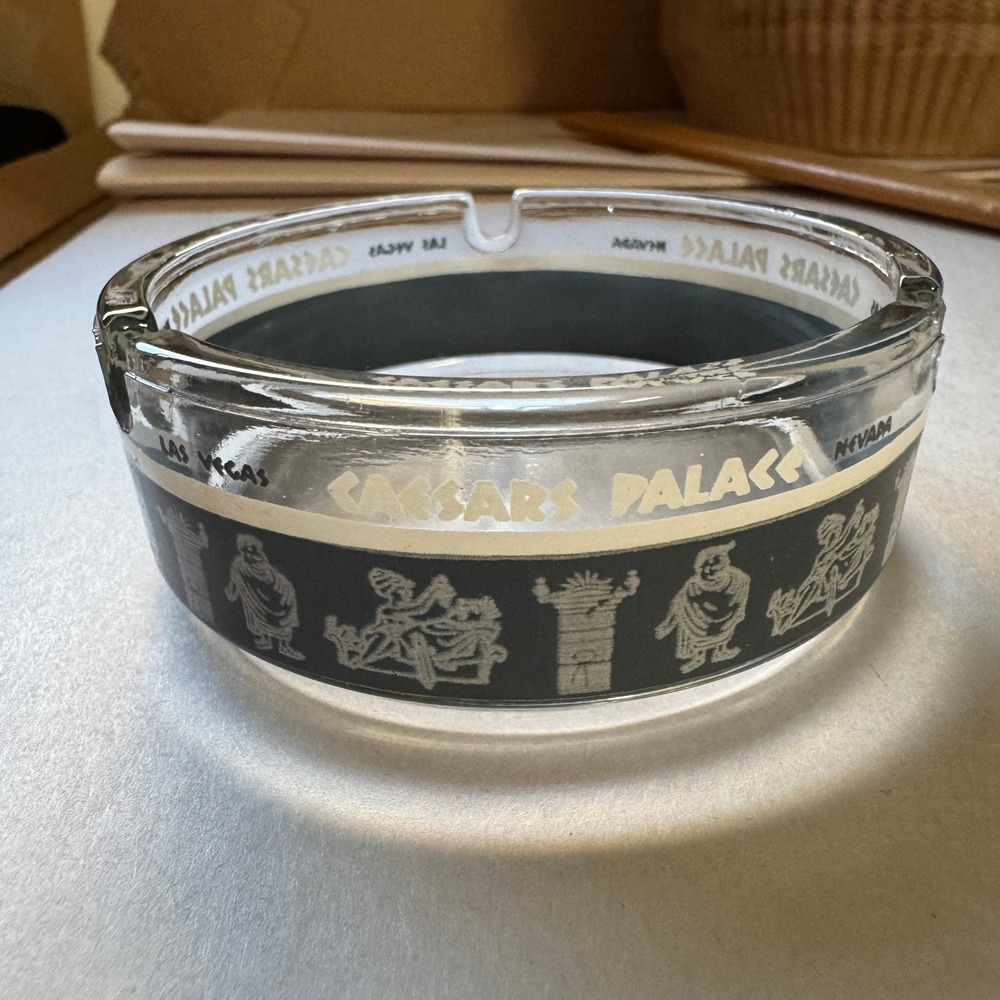 Vintage Caesars Palace Las Vegas Nevada Glass Ashtray Black Silver Roman Motif